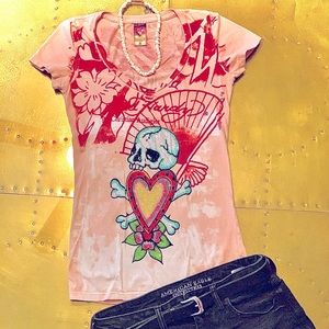 Ed Hardy Rhinestone Heart, Bones and Skull Tee